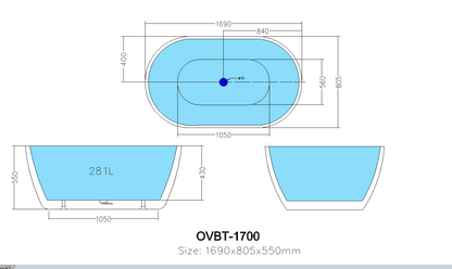 1000/1300/1395/1530/1690mm Olivia Acrylic Freestanding Bathtub