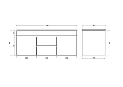 1500*460*550mm White Polyurethane PVC Standard Vanity Polar P154WH
