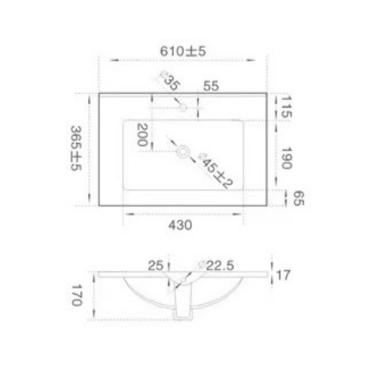 Vanity Ceramic Top with Undermount Basin 610-1510mm