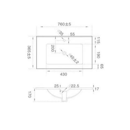 Vanity Ceramic Top with Undermount Basin 610-1510mm