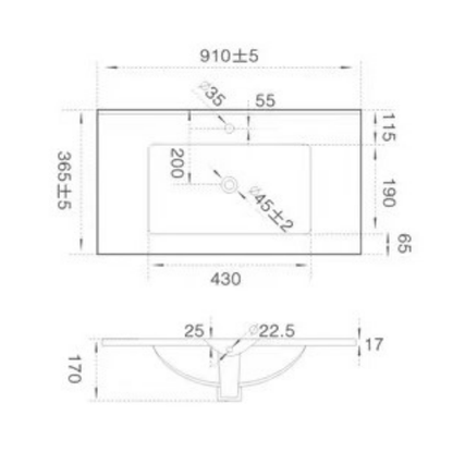 Vanity Ceramic Top with Undermount Basin 610-1510mm