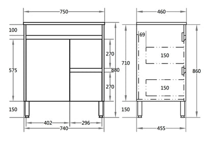 750*460*880mm White Polyurethane PVC Standard Vanity Polar P74RLG