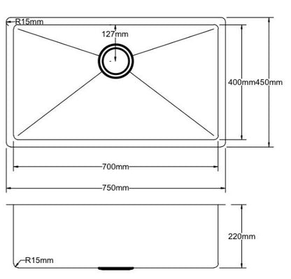 750*450*220mm Stainless Steel 304 Top/Undermount PKSS-750R