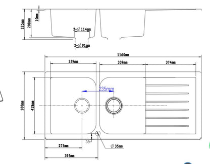 1160*500*225mm Quartz Top-mount Kitchen Sink QKS1160D-MB