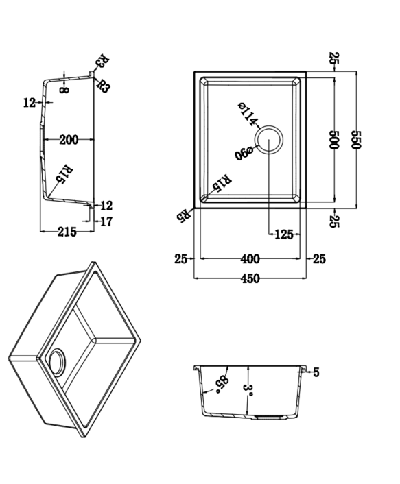 Quartz Undermount Kitchen Sink 550*450*215mm(Matte Black/Matte White)