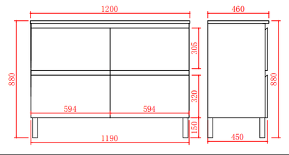 Vita Flux PVC Cabinet with U shape soft closing drawers with Leg 1200-1500mm
