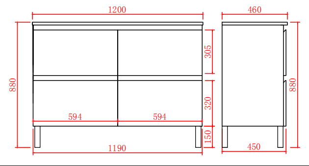 Vita Flux PVC Cabinet with U shape soft closing drawers with Leg 1200-1500mm