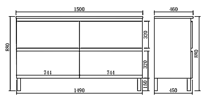 Vita Flux PVC Cabinet with U shape soft closing drawers with Leg 1200-1500mm