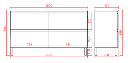 Vita Flux PVC Cabinet with U shape soft closing drawers with Leg 1200-1500mm