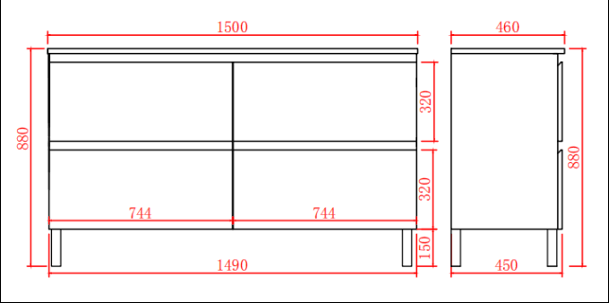 Vita Flux PVC Cabinet with U shape soft closing drawers with Leg 1200-1500mm