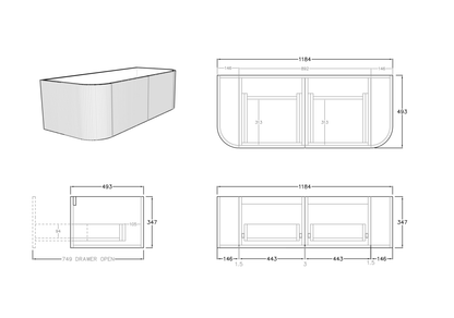 Bronte Standard Wall-Mounted Vanity 1184*493*347/1488*493*347mm