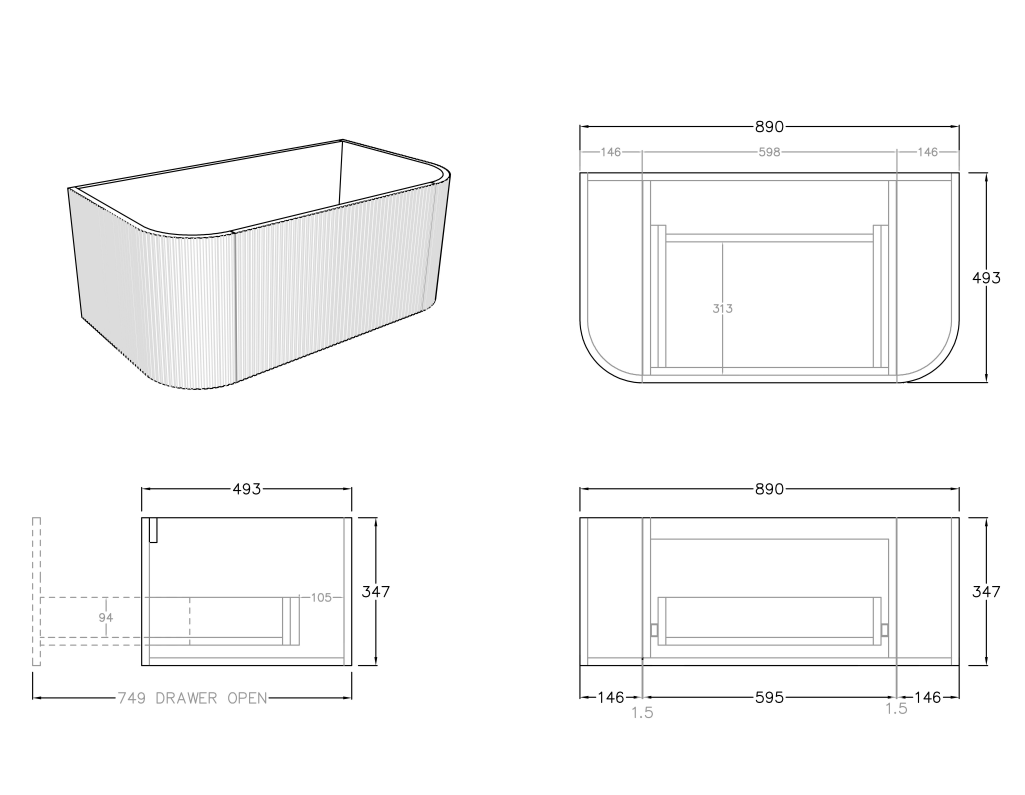 Bronte Standard Wall-Mounted Vanity 738*493*347 / 890*493*347mm