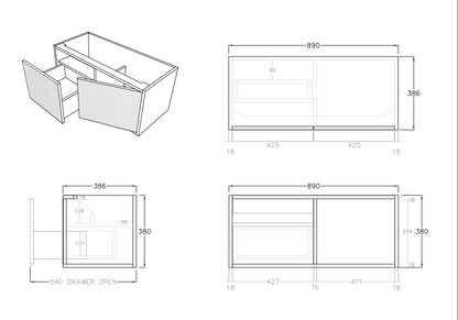 Bellevue Slim Wall-Mounted  Vanity 890*386*380mm Prime Oak