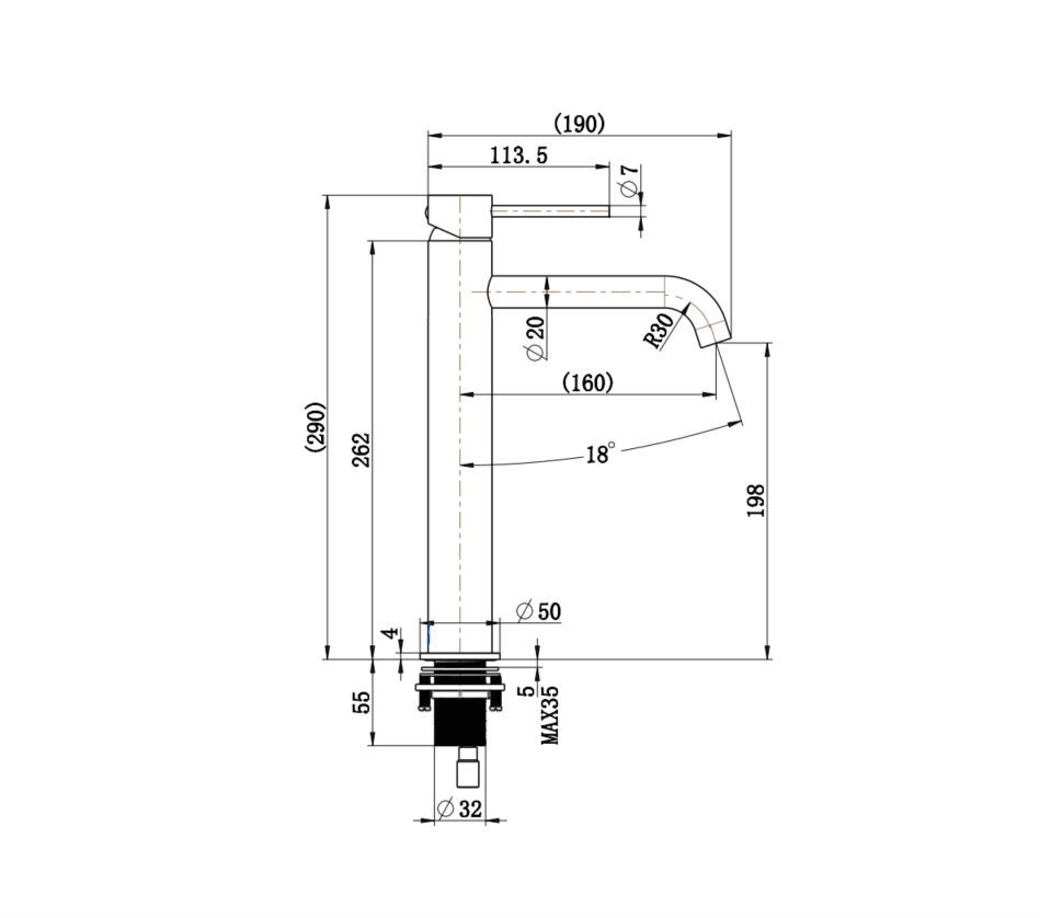 Kitchen Round Tall Basin Mixer Tap 7.5L/Min