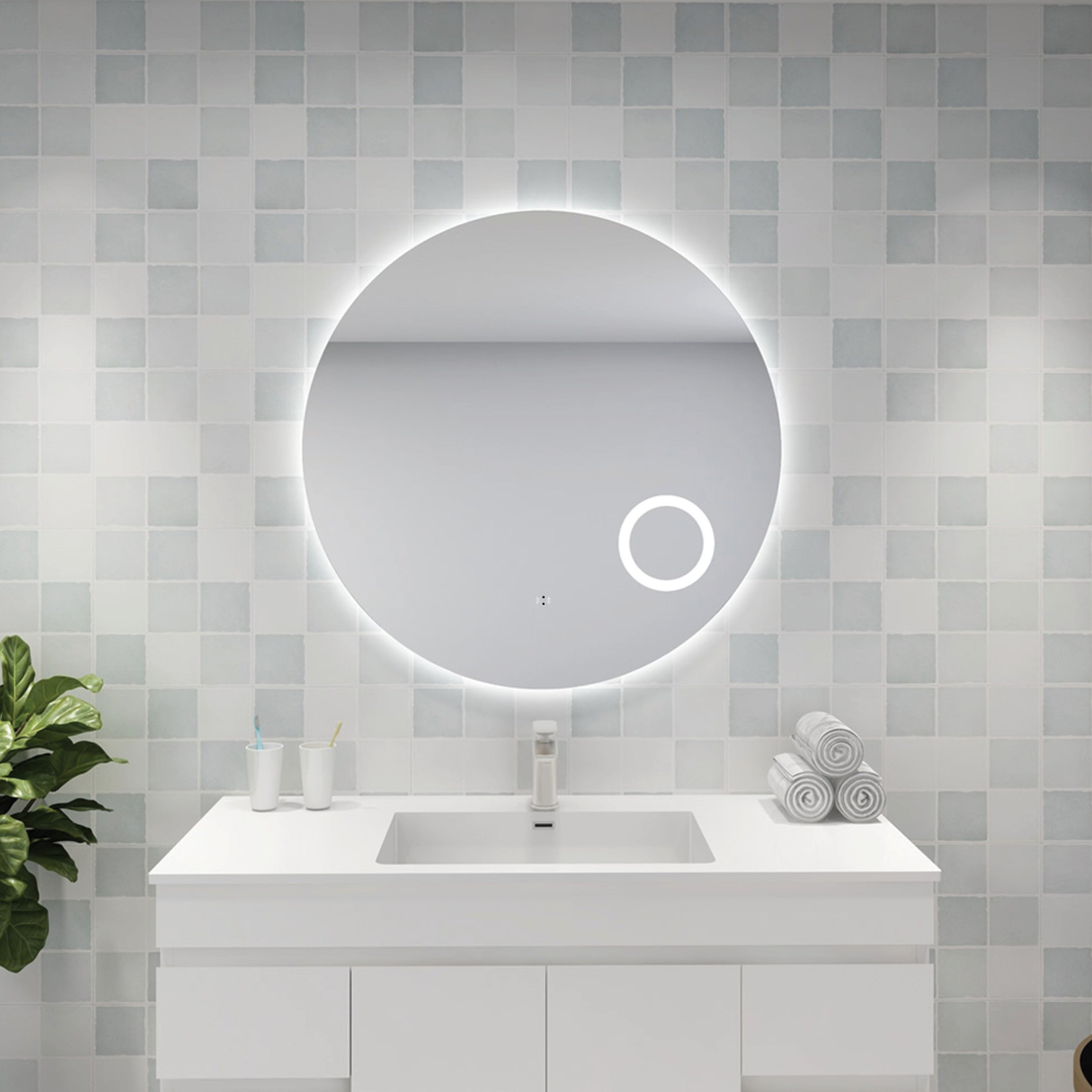 Backlit LED Bathroom Mirror with Magnifier – Smart Touch Frameless Wall Mirror 900*900mm