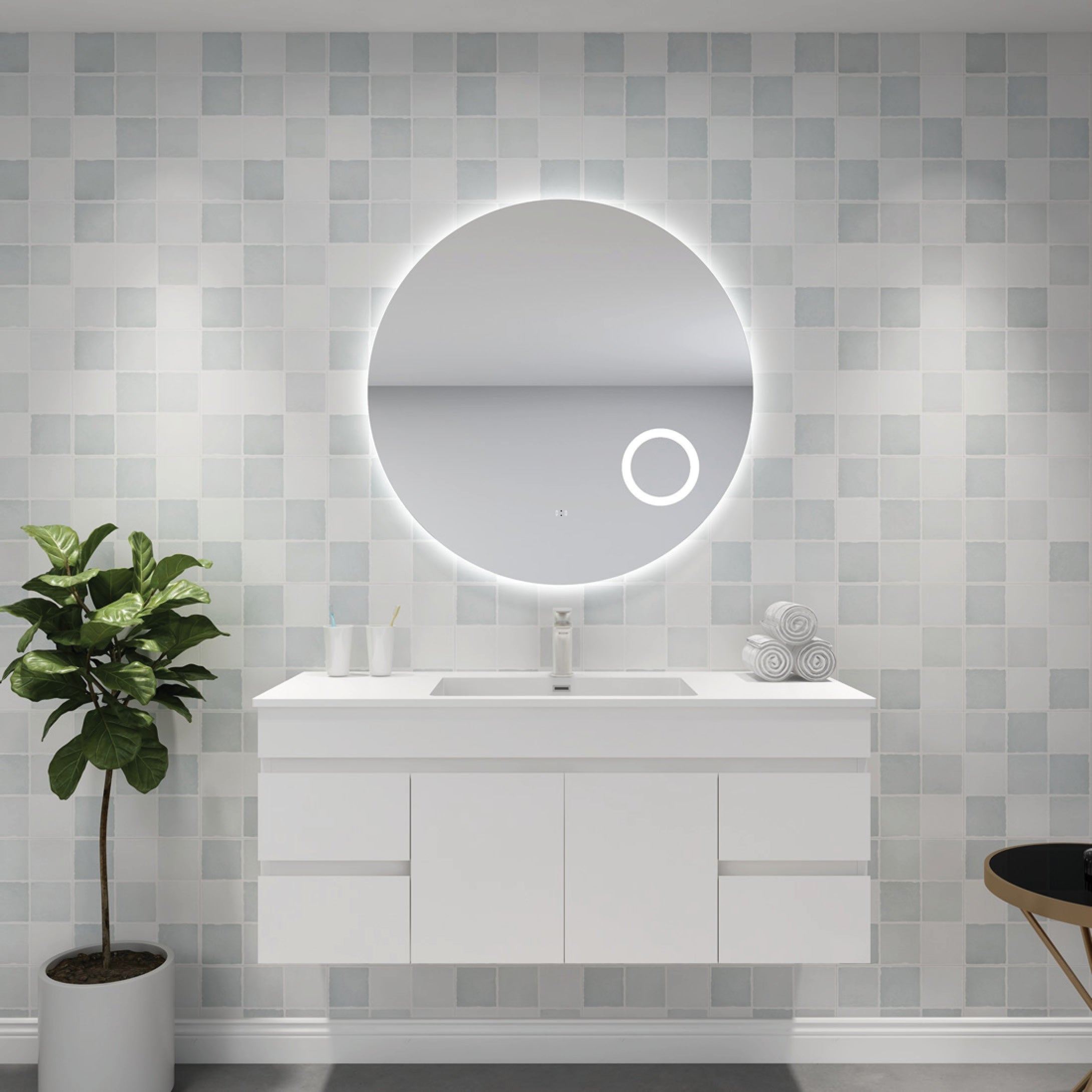 Backlit LED Bathroom Mirror with Magnifier – Smart Touch Frameless Wall Mirror 900*900mm