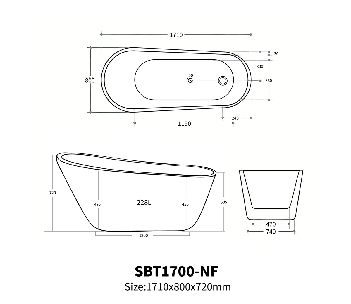 Selene Freestanding Bathtub, Gloss White, 1500mm / 1700mm, No Overflow, Plug & Waste Excluded