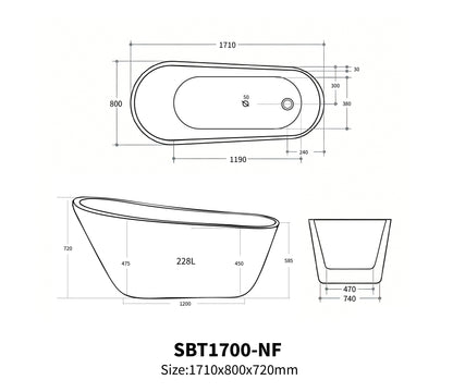 Selene Freestanding Bathtub, Gloss White, 1500mm / 1700mm, No Overflow, Plug & Waste Excluded