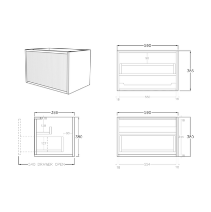 Bellevue Slim Wall-Mounted  Vanity 590*386*380mm Coastal Oak