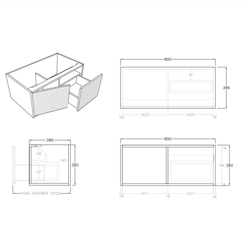 Bellevue Slim Wall-Mounted  Vanity 890*386*380mm Coastal Oak