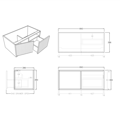 Bellevue Slim Wall-Mounted  Vanity 890*386*380mm Prime Oak