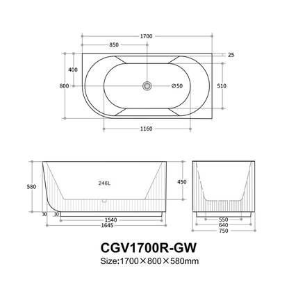 Capri Fluted Corner Freestanding Bathtub 1500/1700mm CGV1500L/R-GW/MW/MB/CGV1700L/R-GW/MW/MB