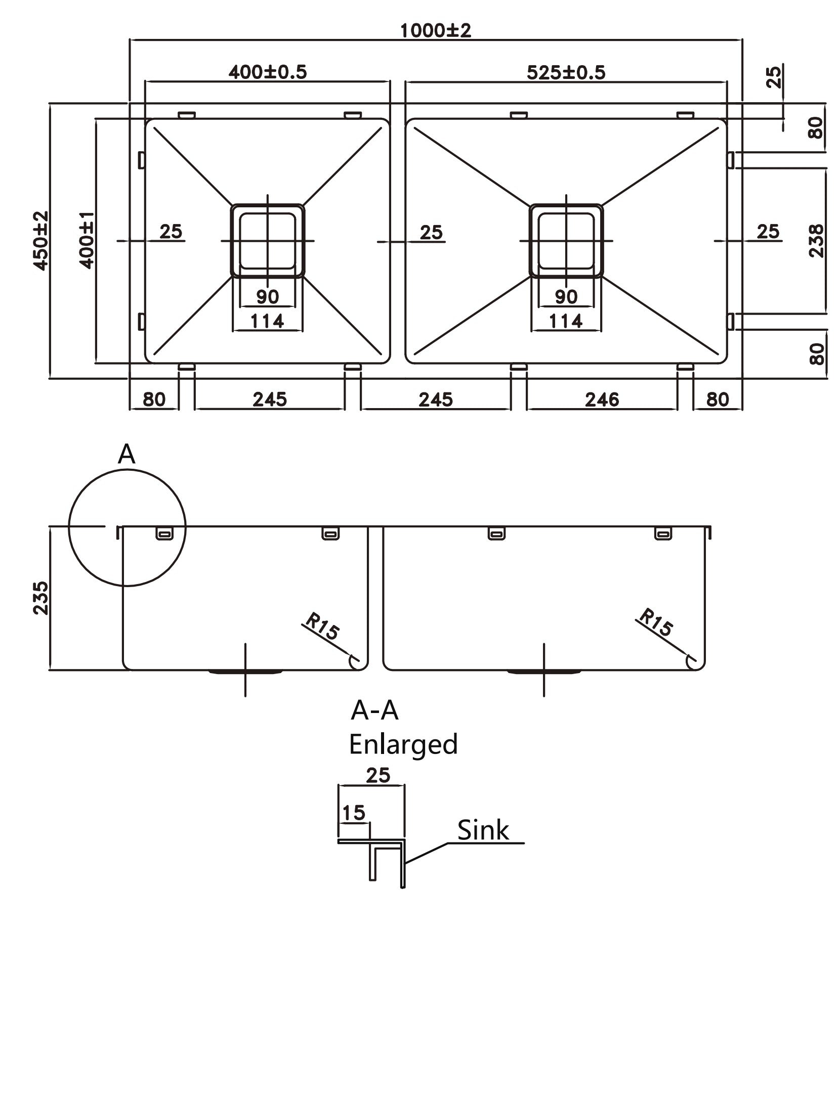 1000×450×235mm Stainless Steel 304 Top/Undermount PKS-1000S