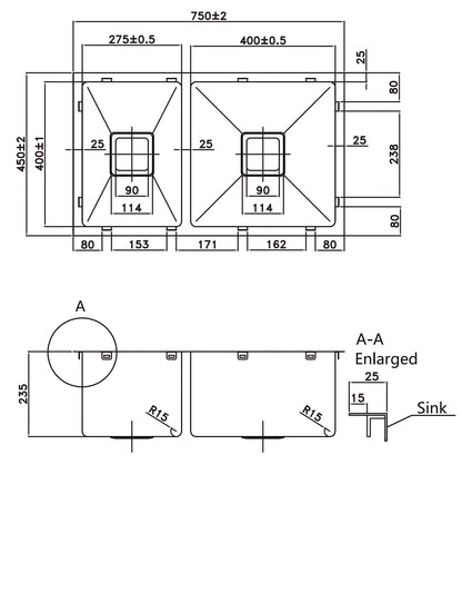 775*450*235mm Stainless Steel 304 Top/Undermount PKS-775DS