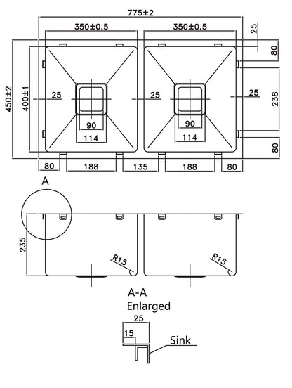 775*450*235mm Stainless Steel 304 Top/Undermount PKS-775DS