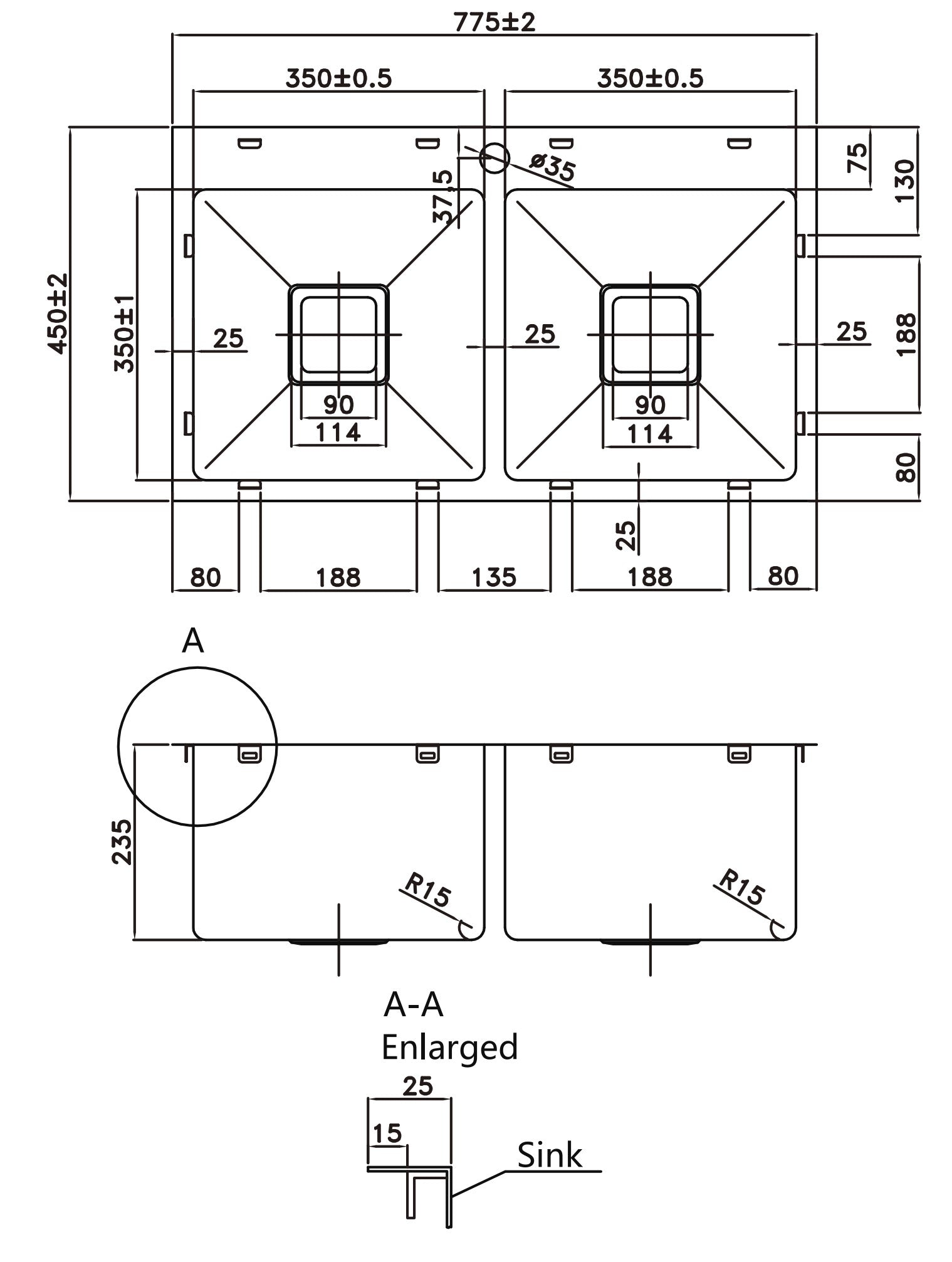 775×450×235mm Stainless Steel 304 Top/Undermount PKS-775TPS