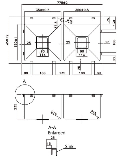775×450×235mm Stainless Steel 304 Top/Undermount PKS-775TPS