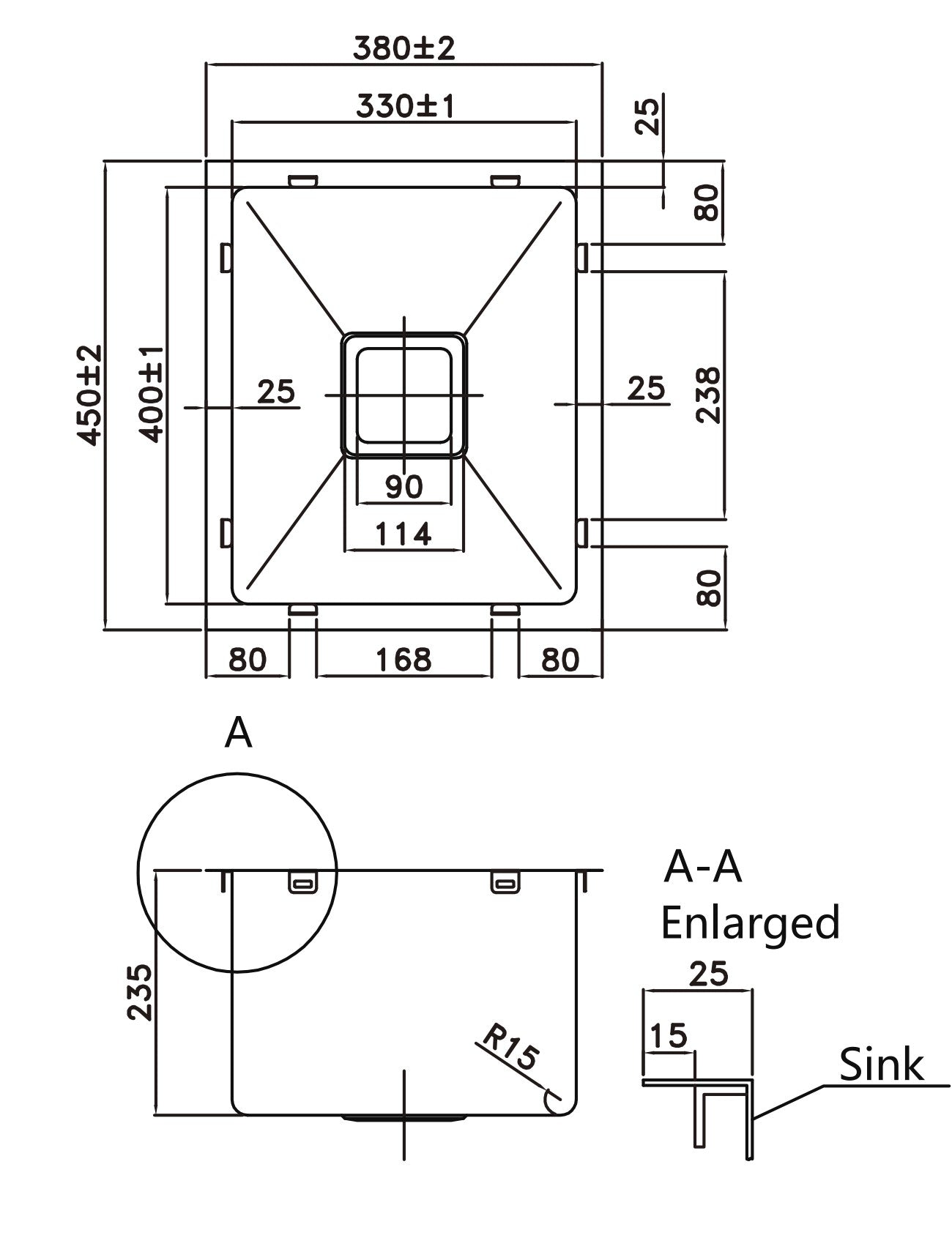 380*450*235mm Stainless Steel 304 Top/Undermount PKSS-380S