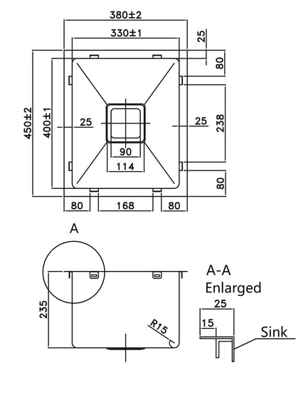 380*450*235mm Stainless Steel 304 Top/Undermount PKSS-380S