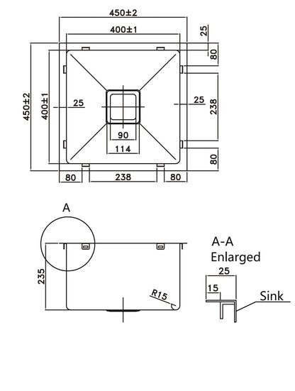 450*450*220mm Stainless Steel 304 Top/Undermount PKSS-450S