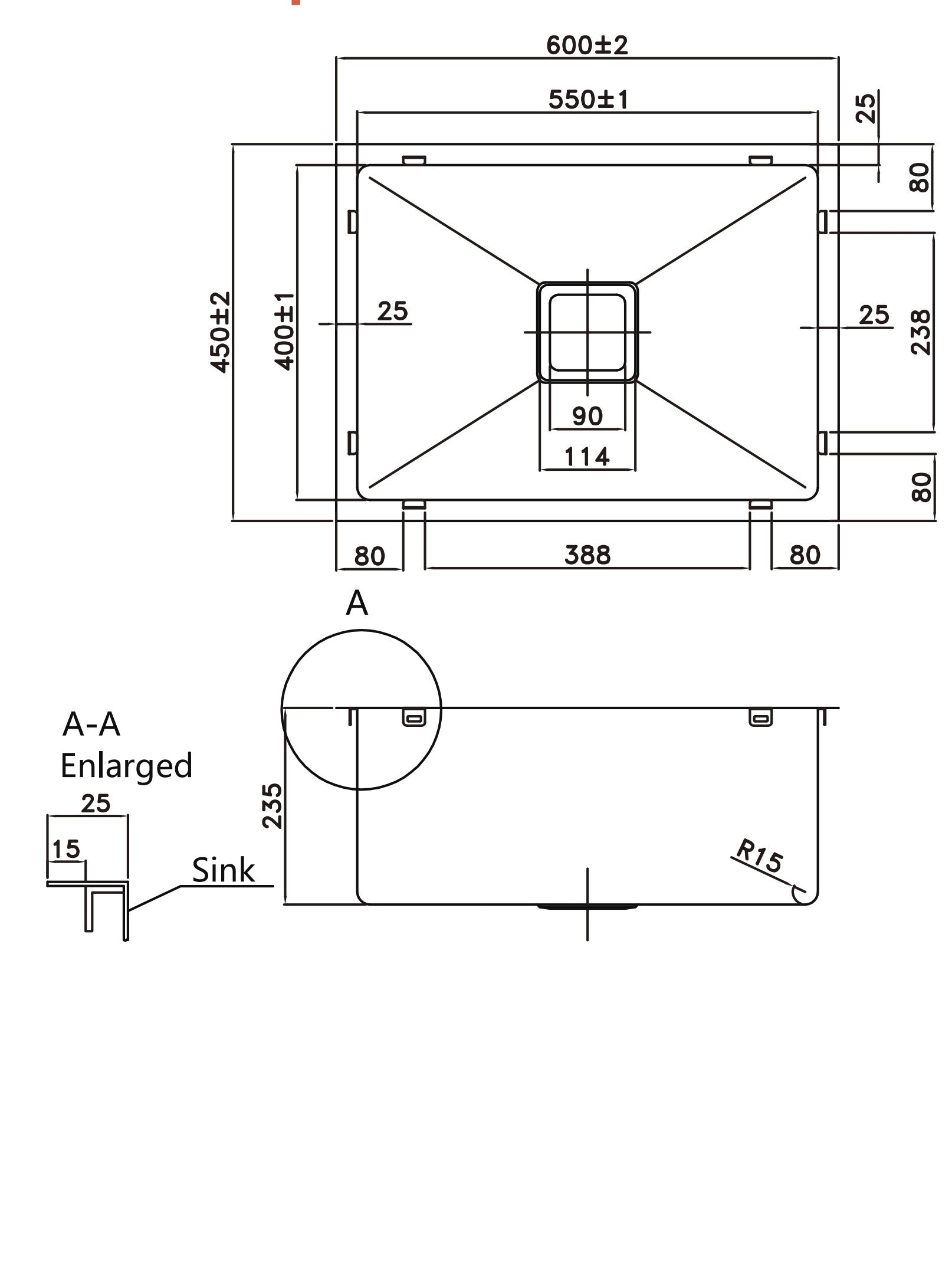 600*450*235mm Stainless Steel 304 Top/Undermount PKSS-600S