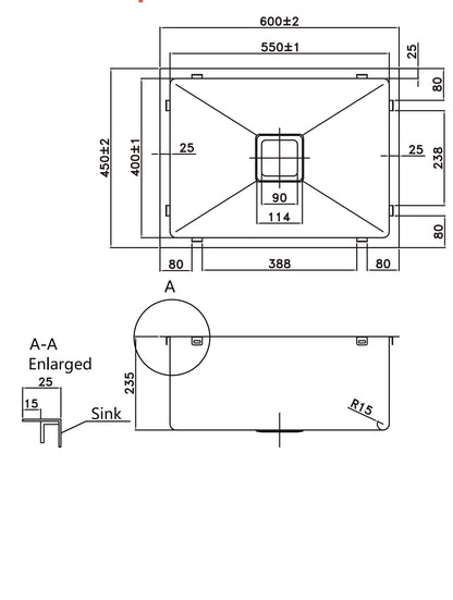 600*450*235mm Stainless Steel 304 Top/Undermount PKSS-600S
