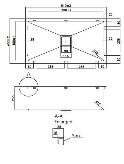 810*450*220mm Stainless Steel 304 Top/Undermount PKSS-810S